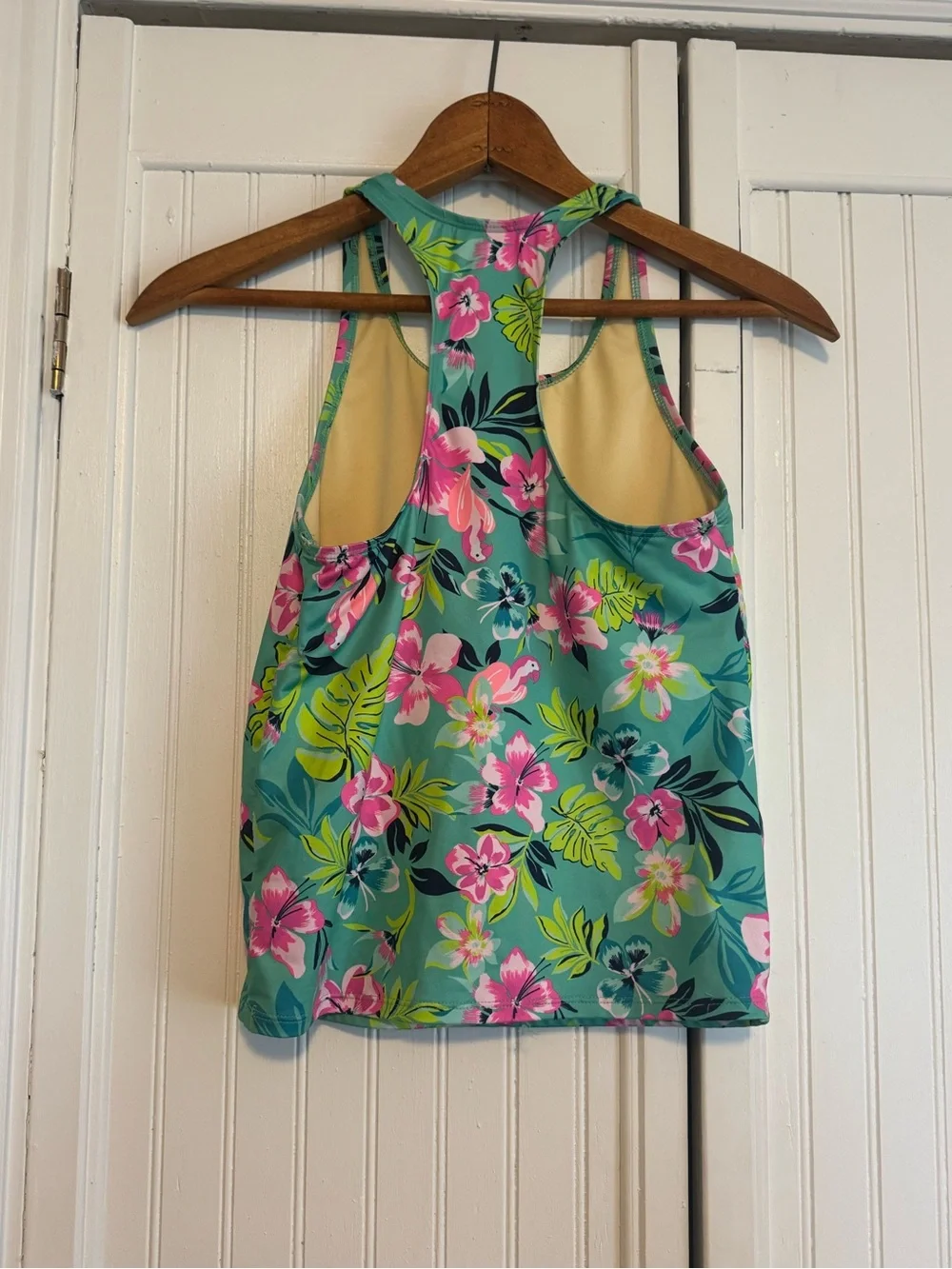 Lands' End Girls' Floral Swim Tank Top - Teal, Pink & Lime